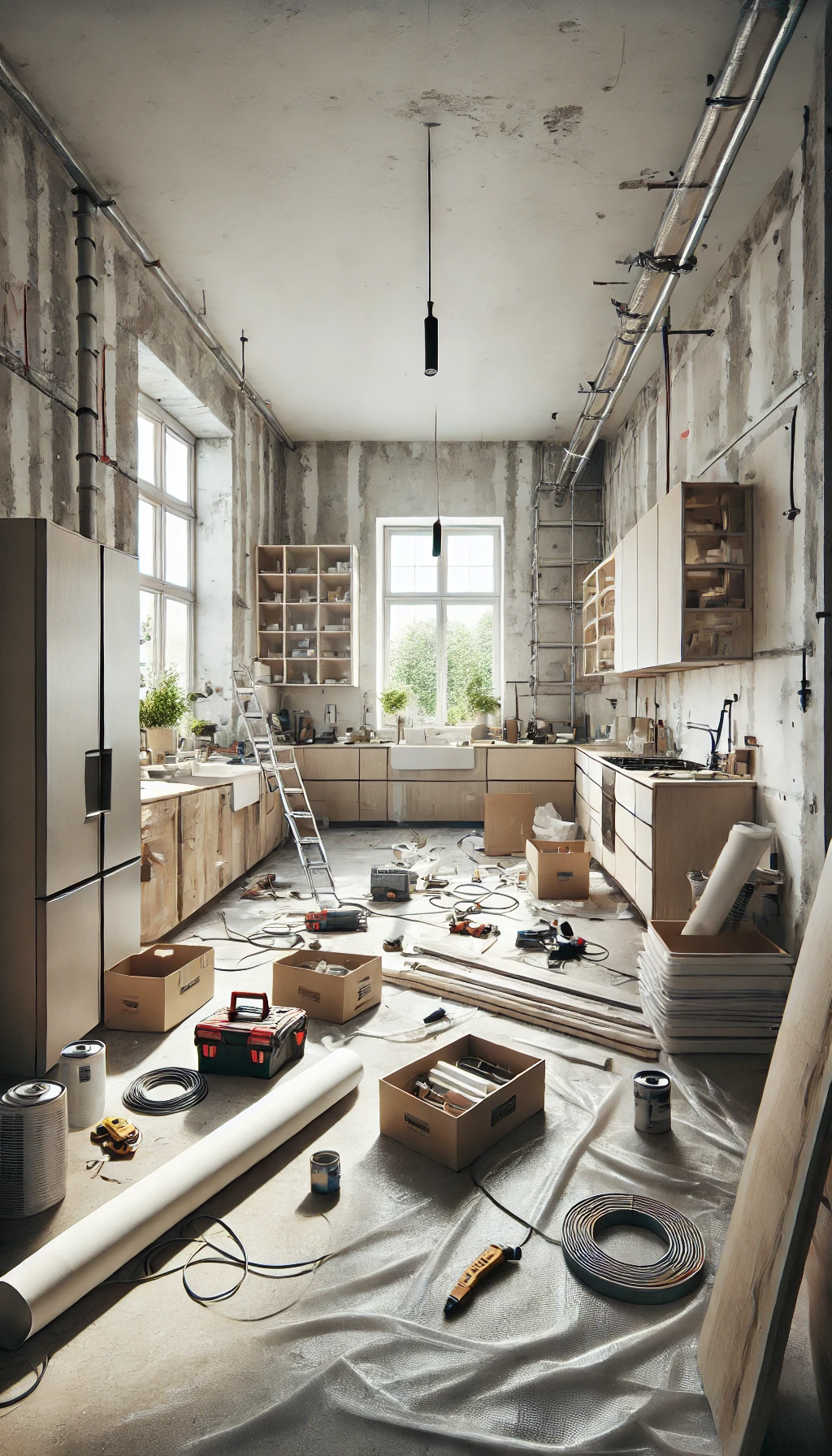 DALL·E 2024-08-24 11.09.25 - A modern Scandinavian-style kitchen in the middle of a renovation process, viewed from a side angle. The room is partially unfinished with exposed wal